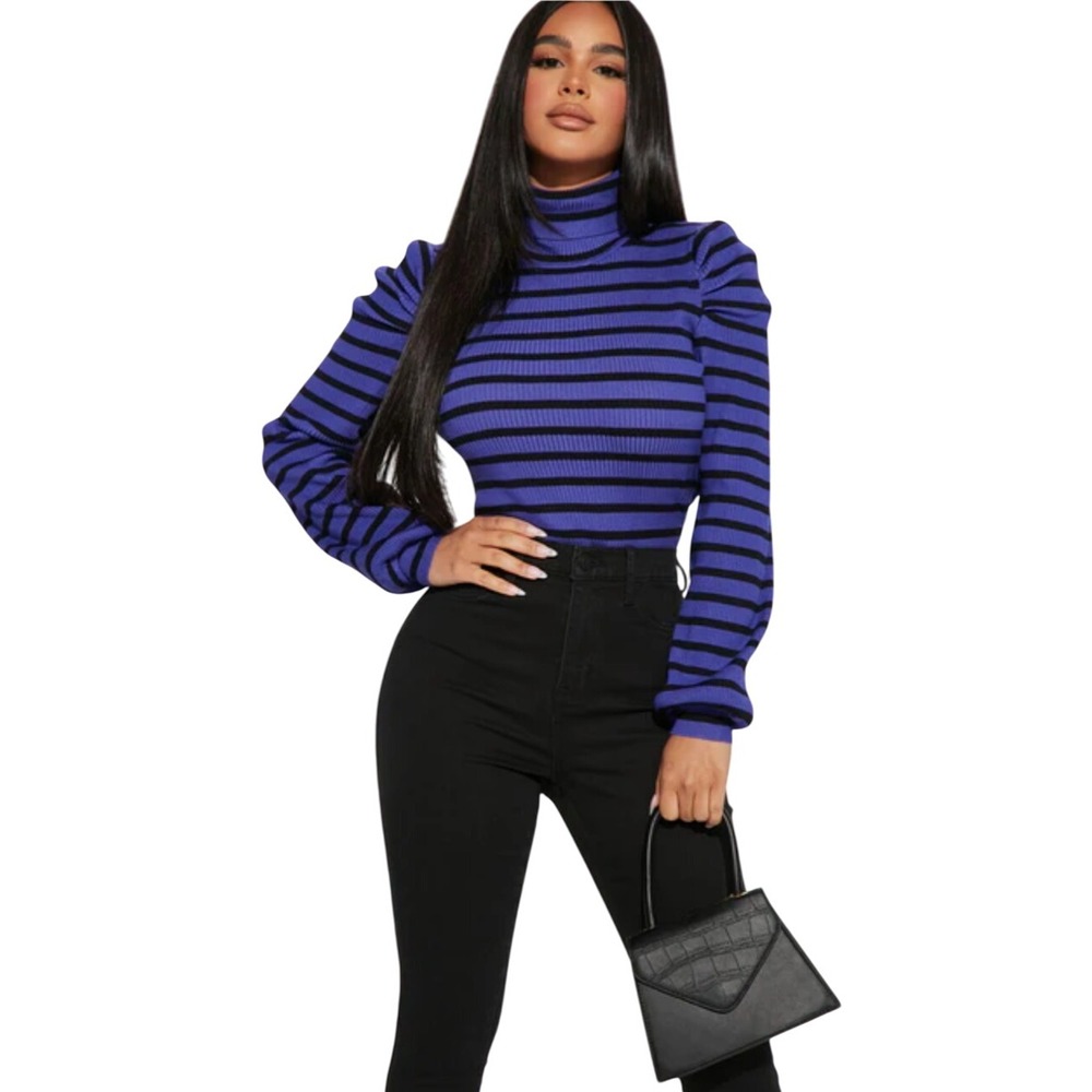 Fashion Nova Purple Black Stripe Turtleneck Puff‎ Sleeve Ribbed Knit Top XS NWOT
